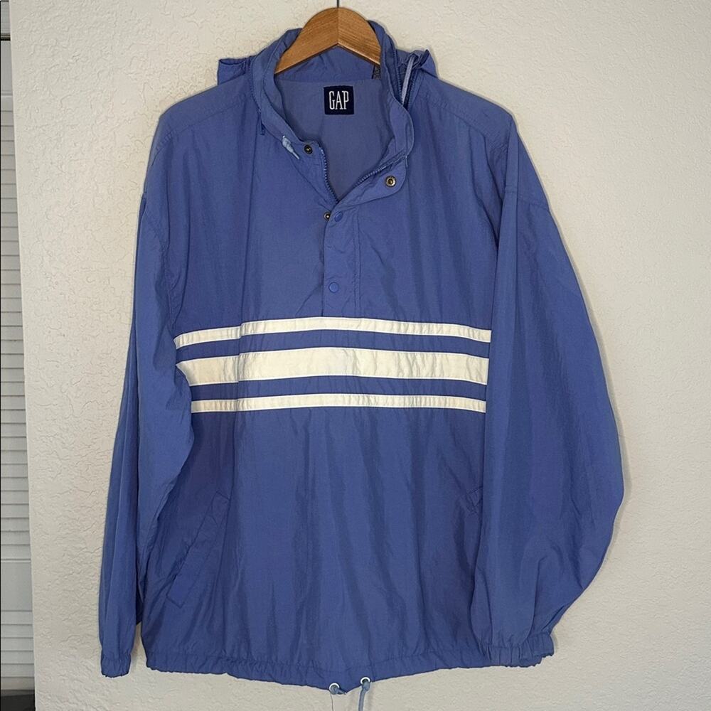 Vintage GAP Men's Windbreaker Hooded Blue White Stripe Anorak Sporty Preppy XL